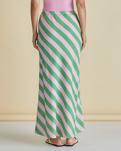 Brooke Bias Midi Skirt in Green/Pink Stripe