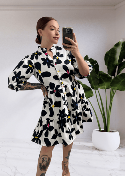 Andrea Short Sleeve Button Up Dress - Black White Floral | Joop & Gypsy