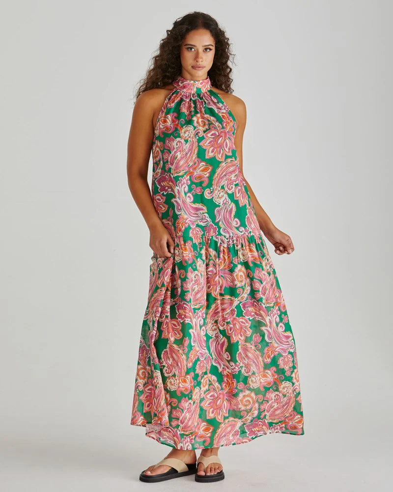 Malia Halter Maxi Dress - Green Pink Floral