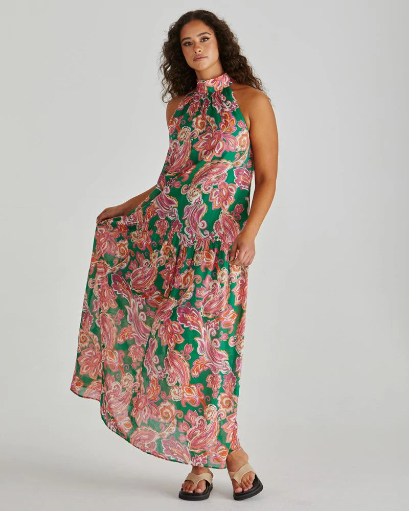 Malia Halter Maxi Dress - Green Pink Floral