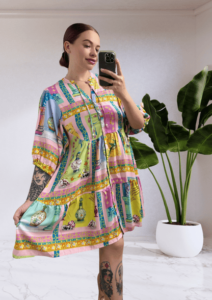 Poppy Short Sleeve Button Up Mini Dress - Purple Bird