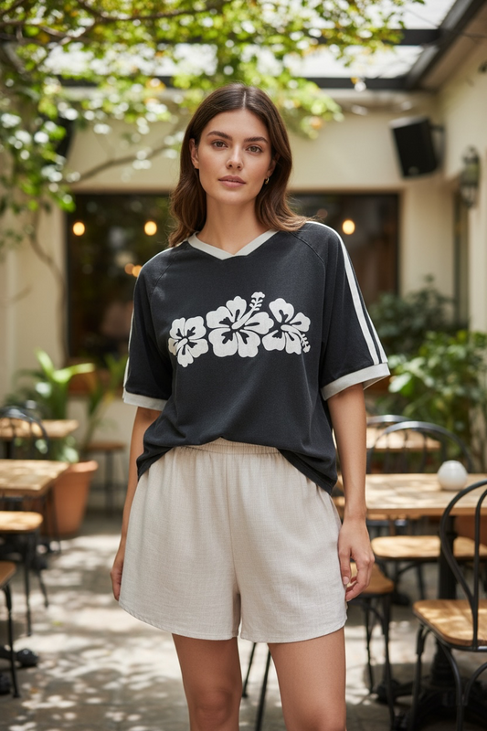 Jersey Oversized Tee Shirt - Hibiscus Black | By Frankie