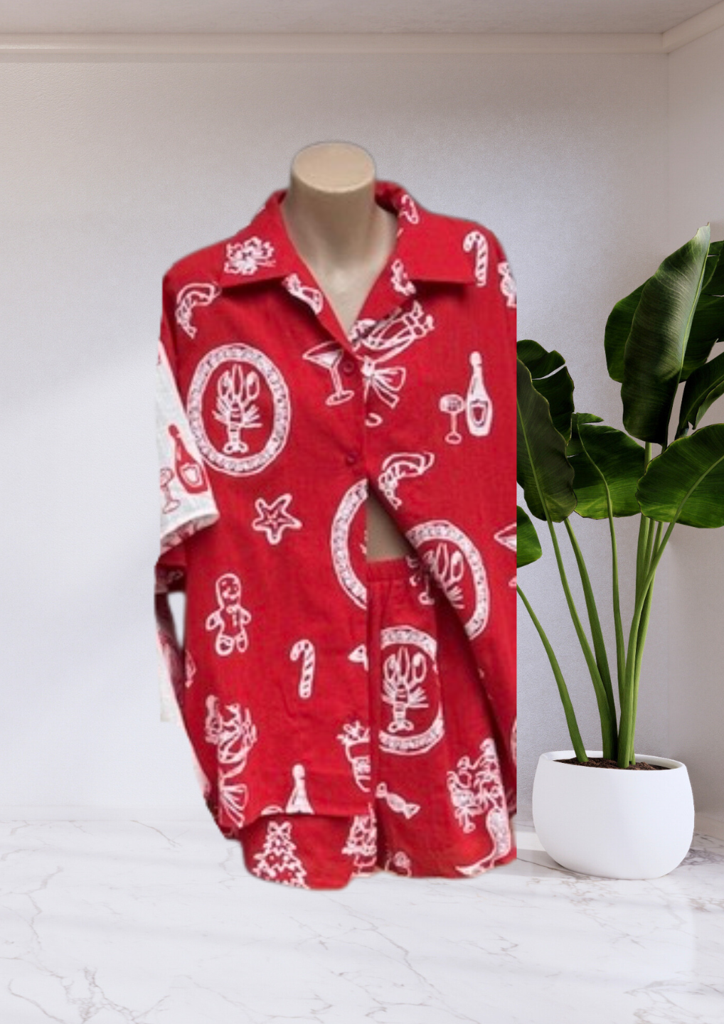 Taya Santa Print Matching Shirt & Shorts Set - Red | By Frankie