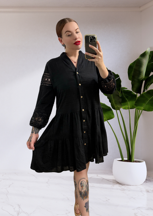 Lacey Lace Sleeve Button Up Dress - Black