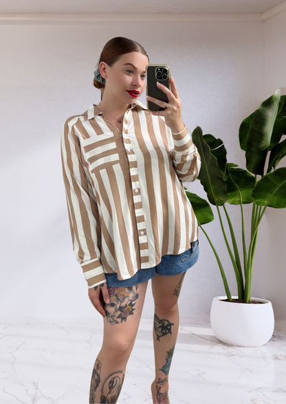 August Button Up Long Sleeve Shirt - Brown White Stripe