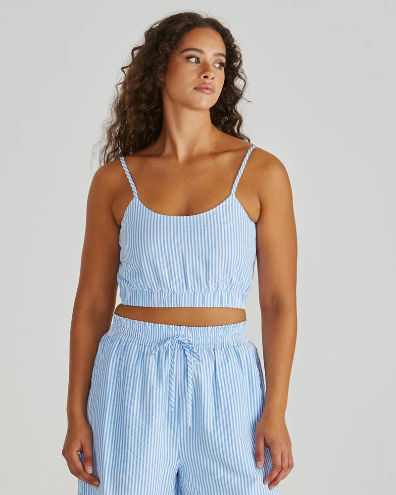 Alani Shirred Bralette Crop Top Shirt - Blue White Stripe