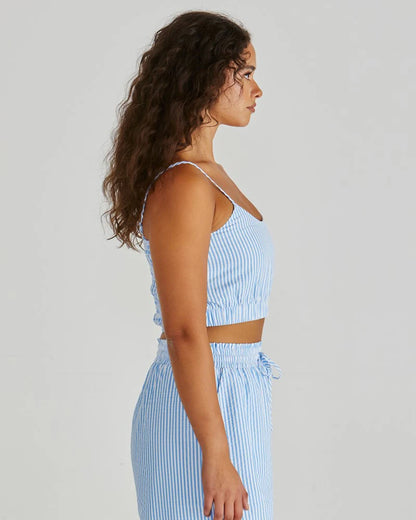 Alani Shirred Bralette Crop Top Shirt - Blue White Stripe