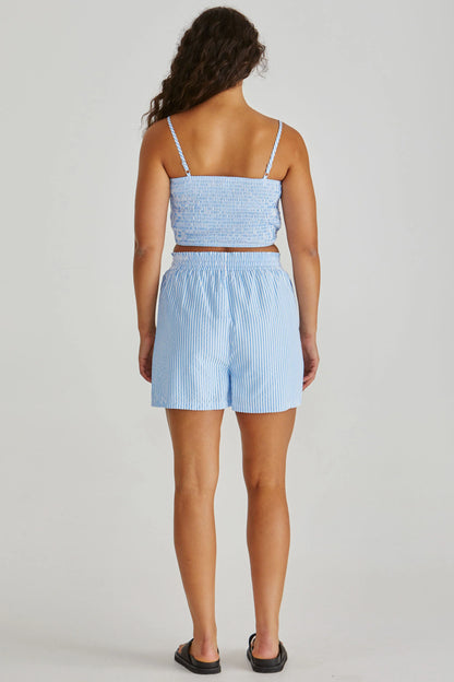 Alani Shirred Bralette Crop Top Shirt - Blue White Stripe