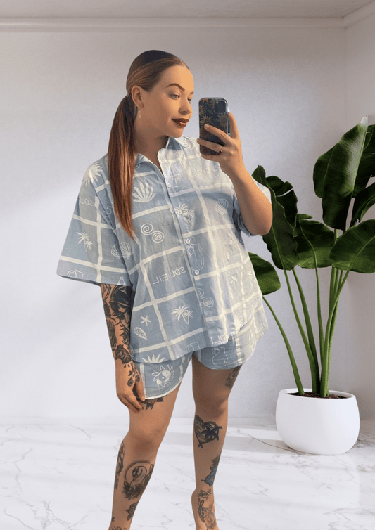 Taya By Frankie Shirt & Shorts Matching Set - Blue Soleil
