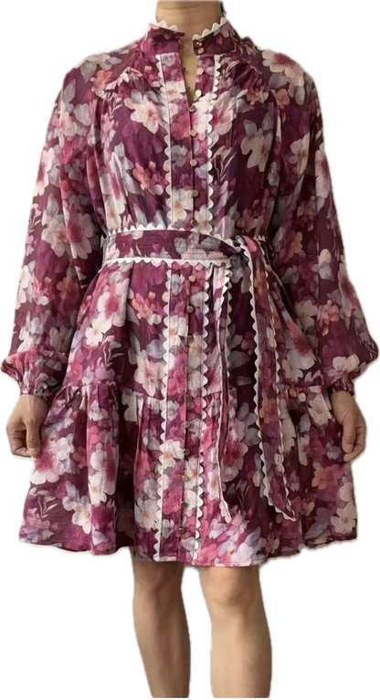 Jordana Button Up Belted Mini Dress - Purple Floral