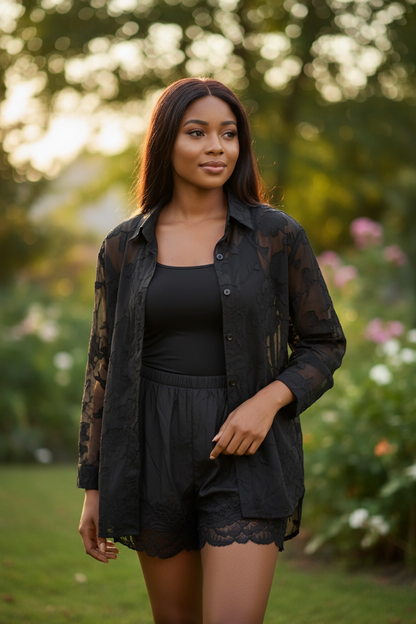 Tamika Floral Sheer Top & Lace Shorts Set - Black