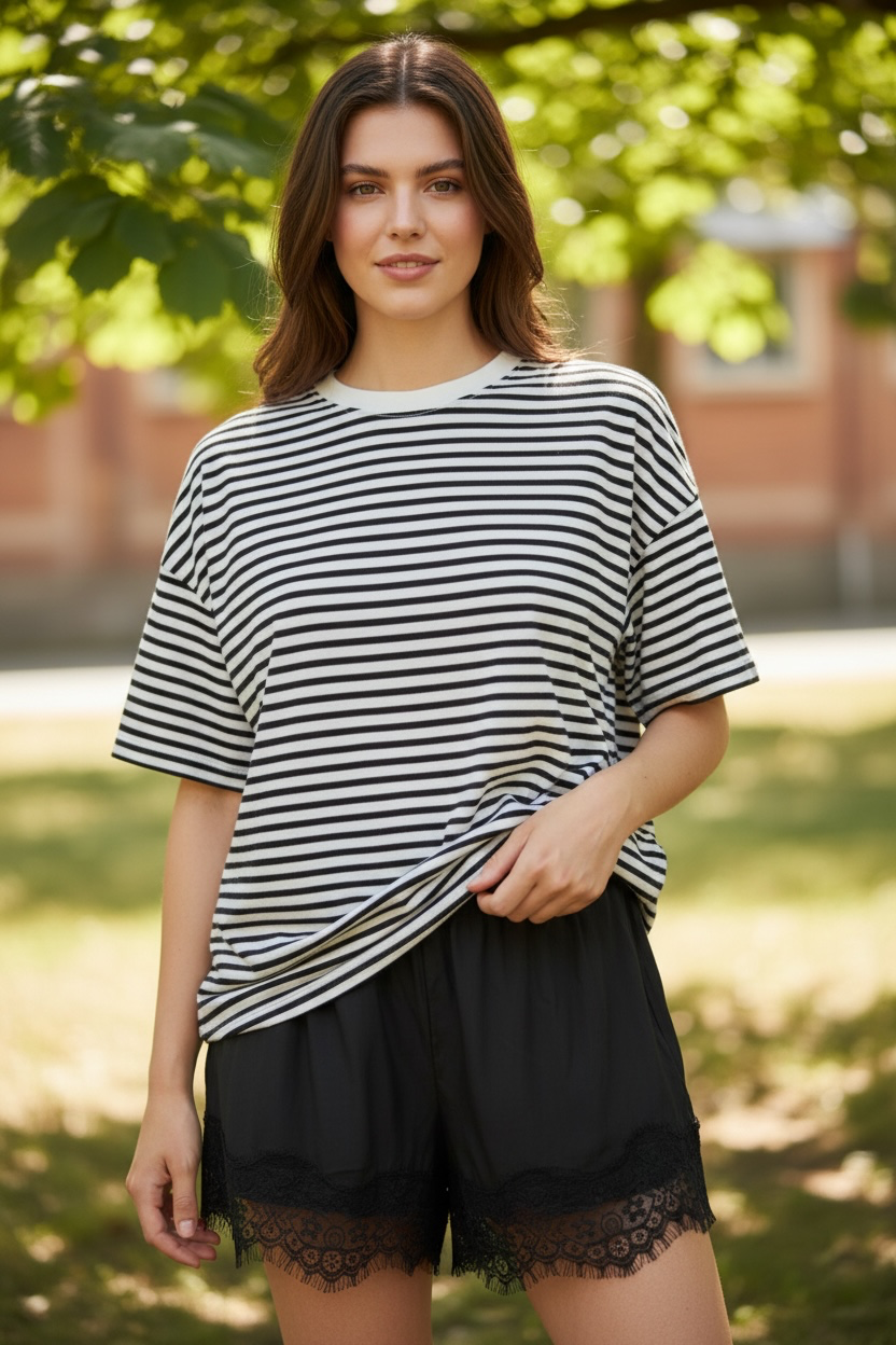 Hannah Stripe Top & Lace Shorts Set - Black White