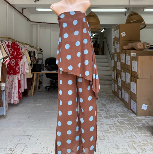 Alice Polka Dot Strapless Assym Pant Set - Chocolate/Blue | By Frankie
