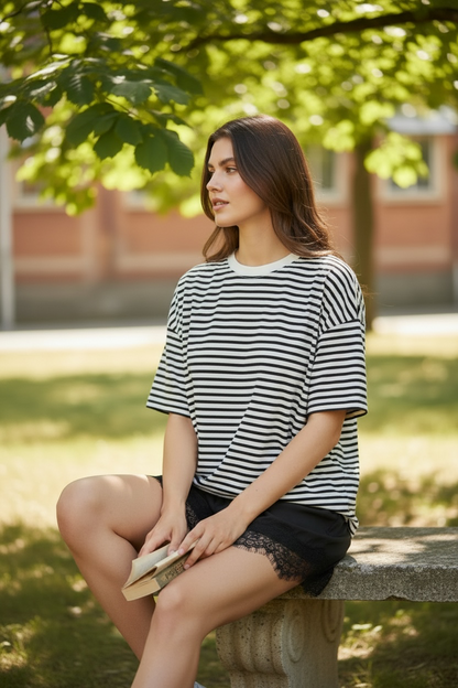 Hannah Stripe Top & Lace Shorts Set - Black White