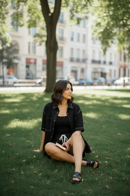 Romni Overstitch Button Up Shirt & Shorts Set - Black