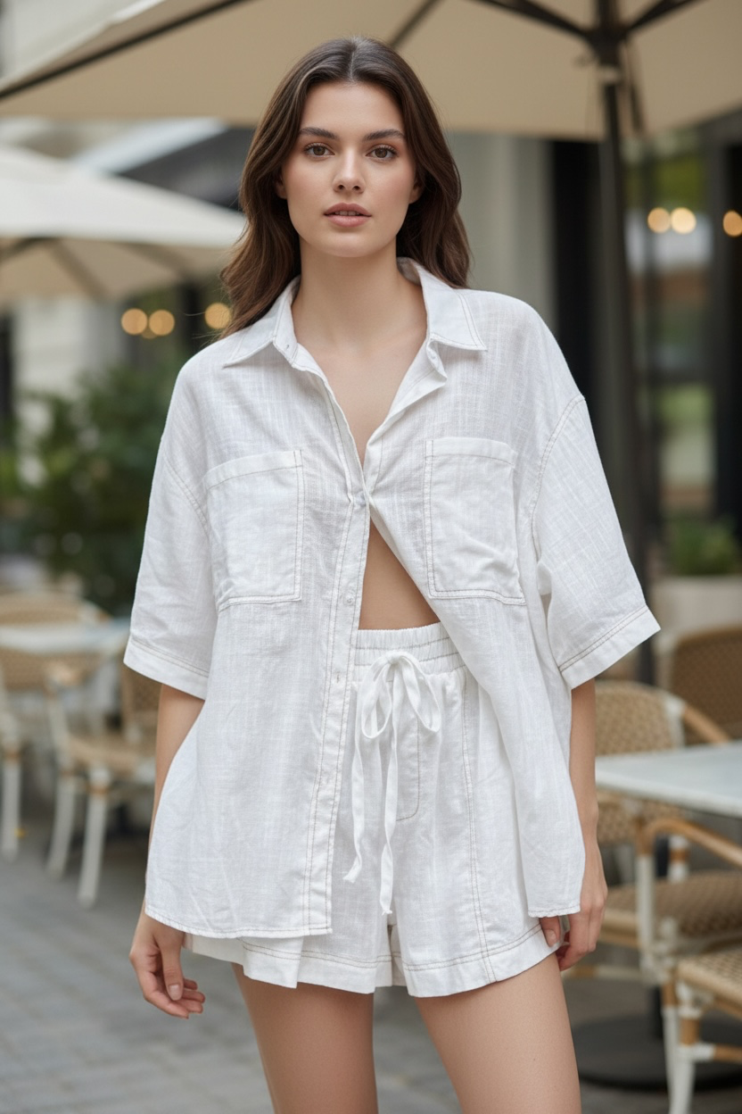 Romni Overstitch Button Up Shirt & Shorts Set - White