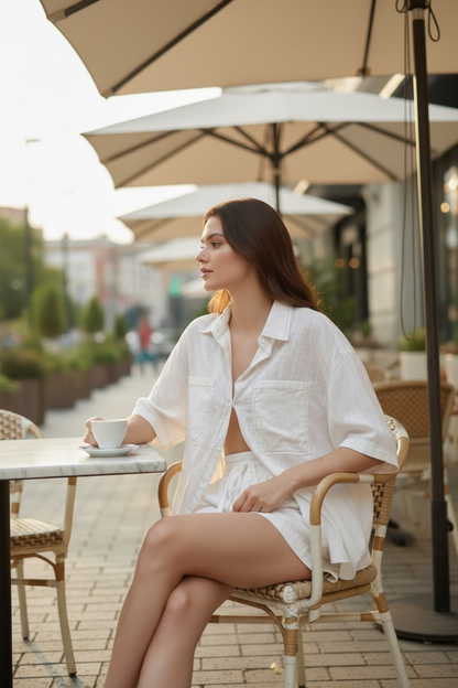 Romni Overstitch Button Up Shirt & Shorts Set - White