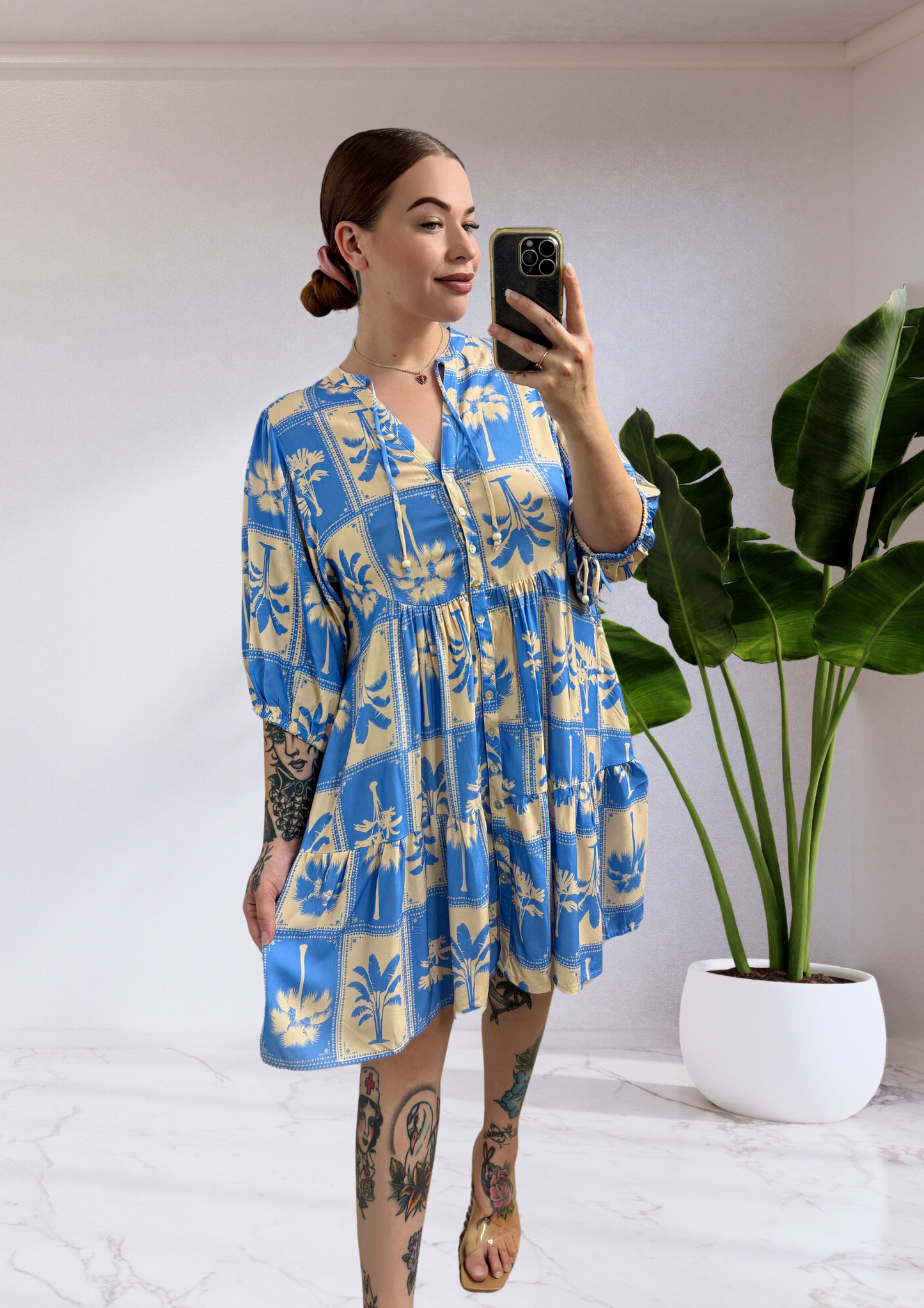 Poppy Button Up Mini Dress - Blue Palm