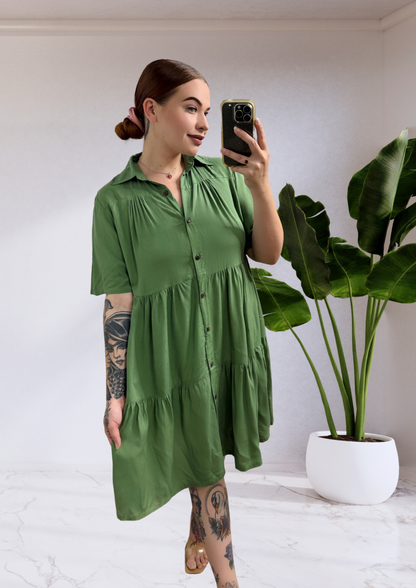 Victoria Short Sleeve Button Up Dress - Green