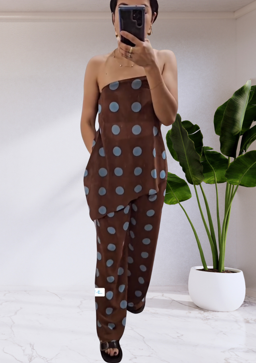 Alice Polka Dot Strapless Assym Pant Set - Chocolate/Blue | By Frankie