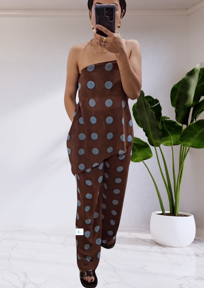 Alice Polka Dot Strapless Assym Pant Set - Chocolate/Blue | By Frankie