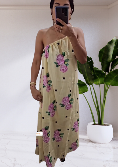 Holly Polka Dot Hydrangea One Shoulder Maxi Dress - Yellow | By Frankie