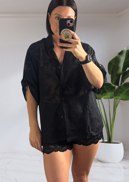 Tamika Floral Sheer Top & Lace Shorts Set - Black