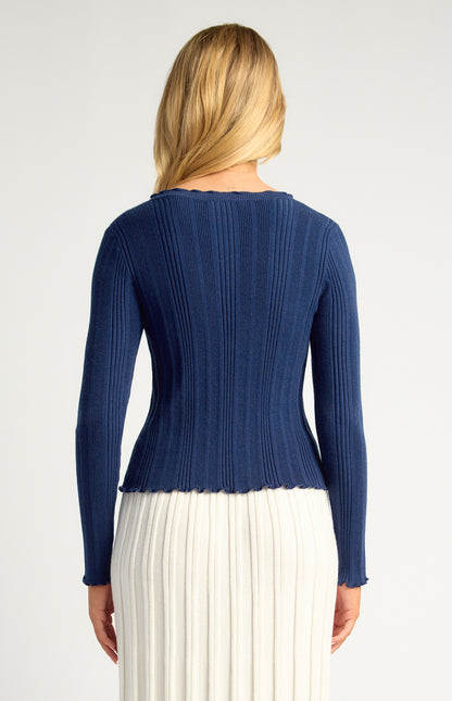 Double Front Tie Lettuce Edge Detail Knit Top - Navy