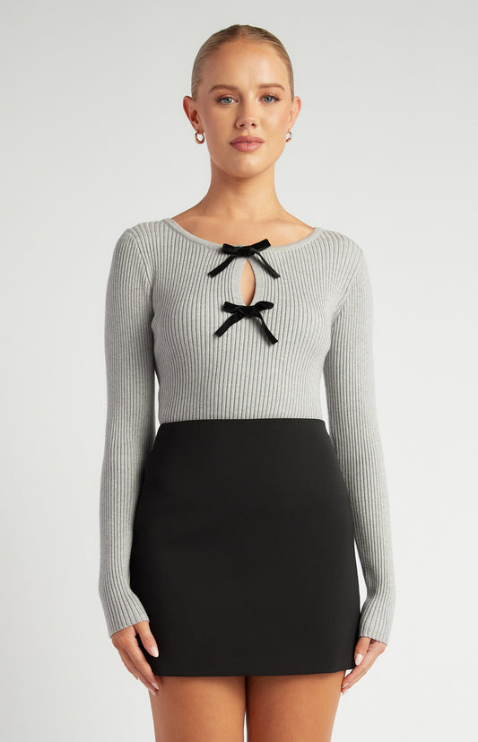 Double Ribbon Detail Neckline Knit Top - Grey Marl