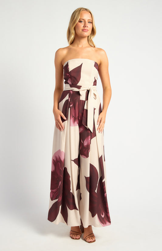 Strapless Wide Leg Jumpsuit - Floral Merlot