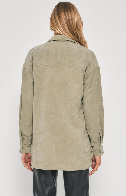 Corduroy Button Up Shacket with Front Pockets - Sage