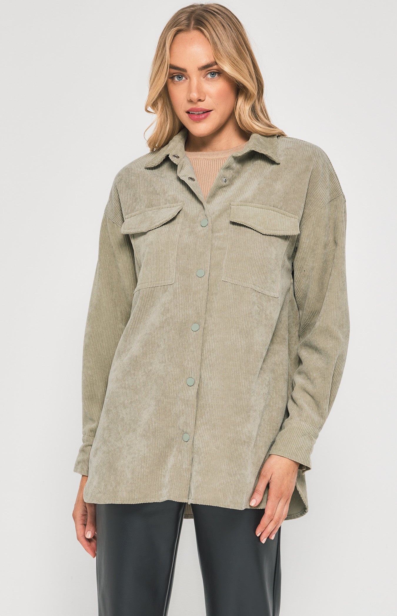 Corduroy Button Up Shacket with Front Pockets - Sage