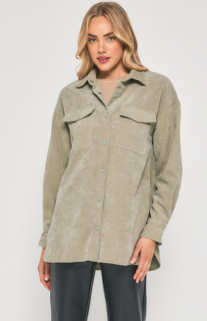 Corduroy Button Up Shacket with Front Pockets - Sage