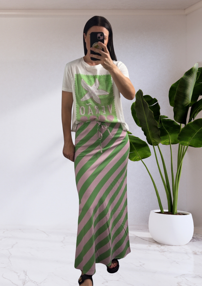 Brooke Bias Midi Skirt in Green/Pink Stripe