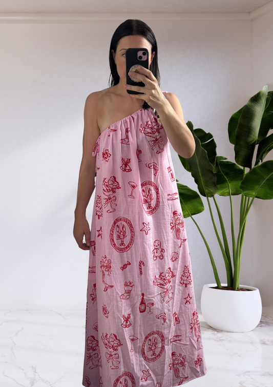 Holly Santa Print One Shoulder Maxi Dress - Pink | By Frankie