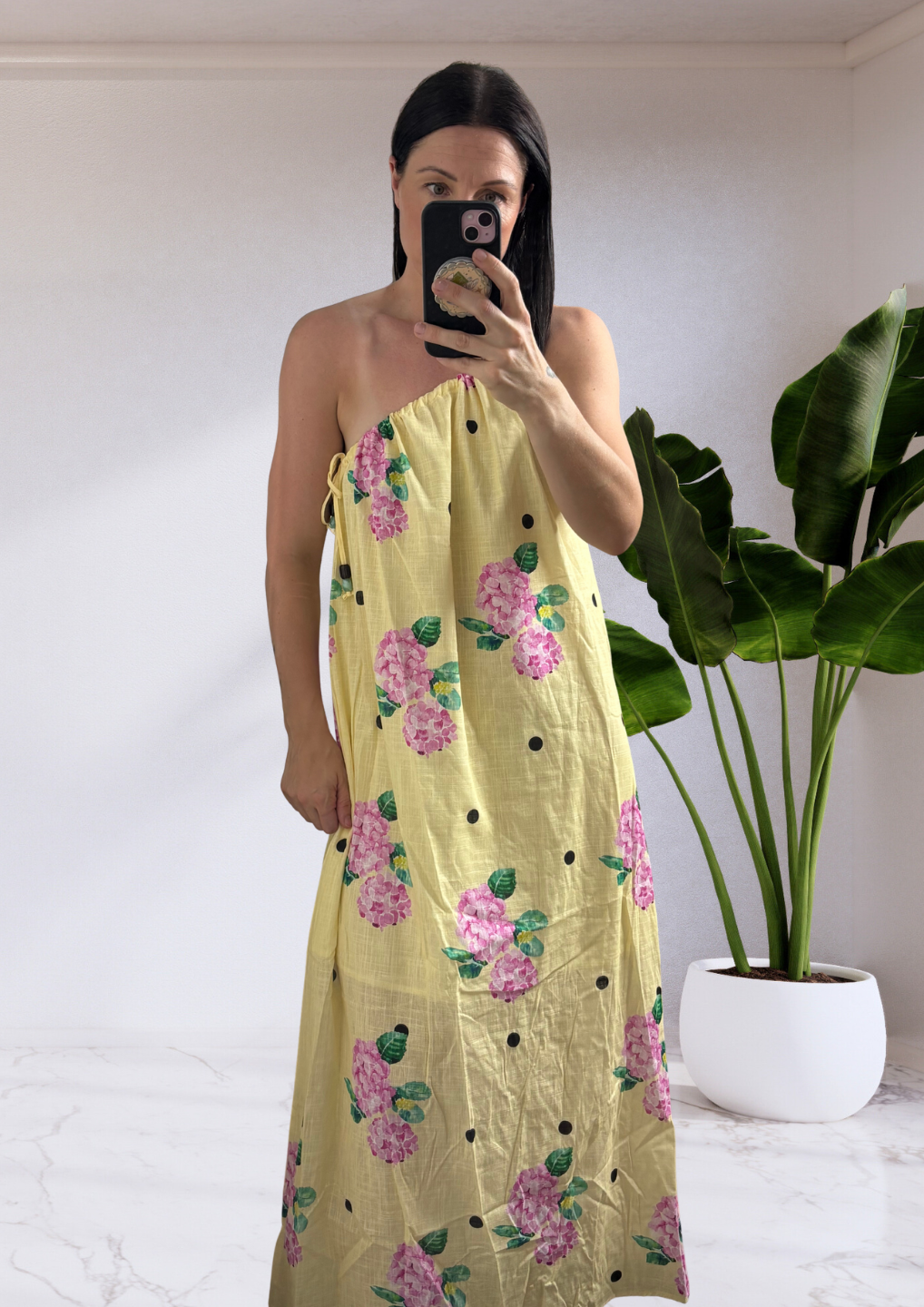 Holly Polka Dot Hydrangea One Shoulder Maxi Dress - Yellow | By Frankie