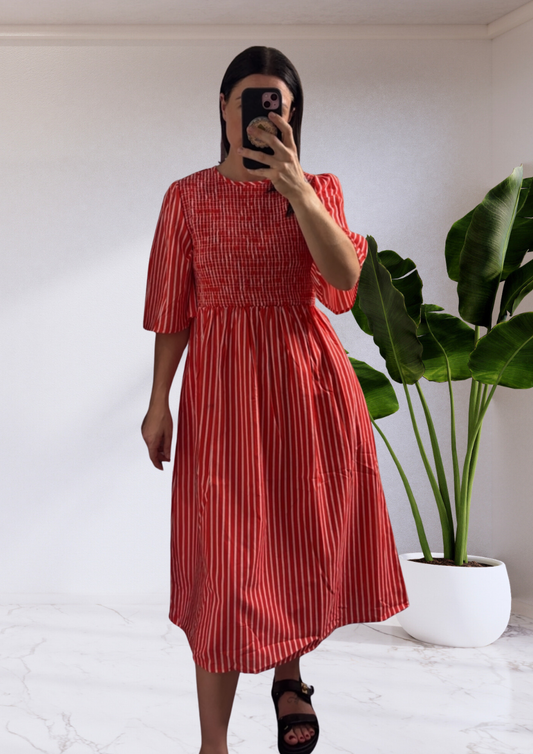 Candy Shirred Bust Midi Dress - XMAS Red Stripe | Joop & Gypsy
