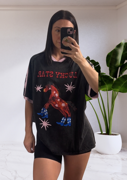 Jersey Oversized Tee T-Shirt - Black Acid Wash Lucky Star | By Frankie