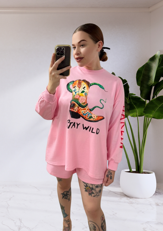 Nova Long Sleeve Top & Shorts Set Pink Boots Stay Wild | By Frankie