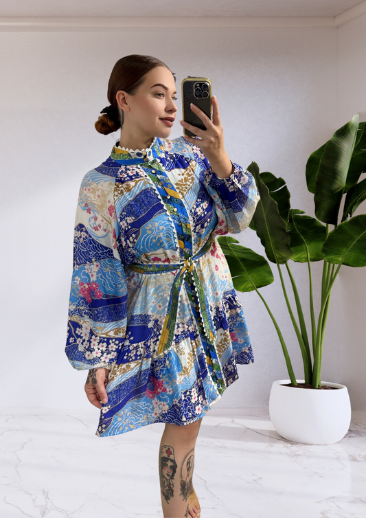 Jordana Button Up Belted Mini Dress - Blue Patchwork