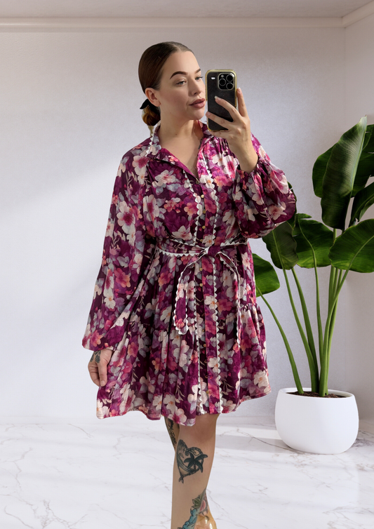Jordana Button Up Belted Mini Dress - Purple Floral