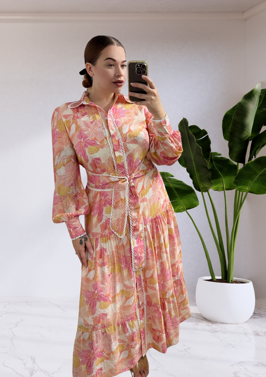 Jasmine Long Sleeve Button Up Maxi Dress - Pink Floral