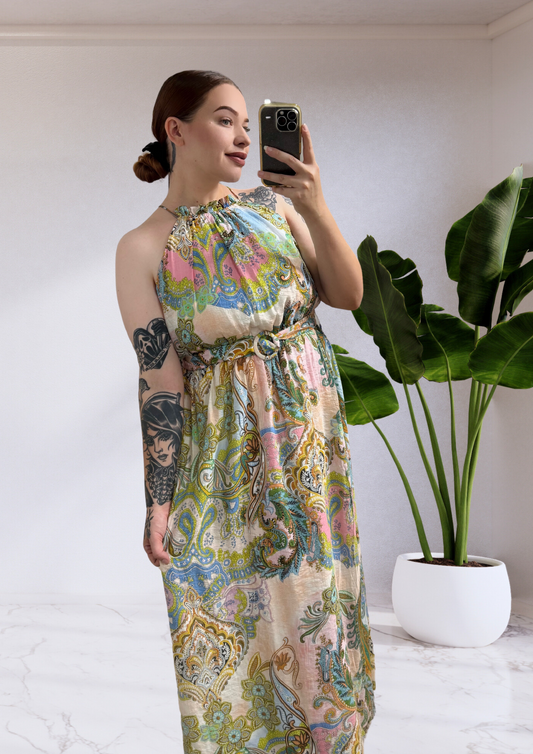 Cinderella Halter Neck Maxi Dress - Pink Paisley