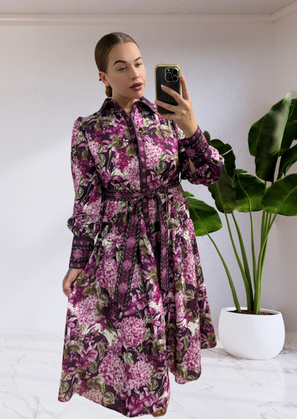 Isla Collared Button up Long Sleeve Midi Dress - Purple Floral