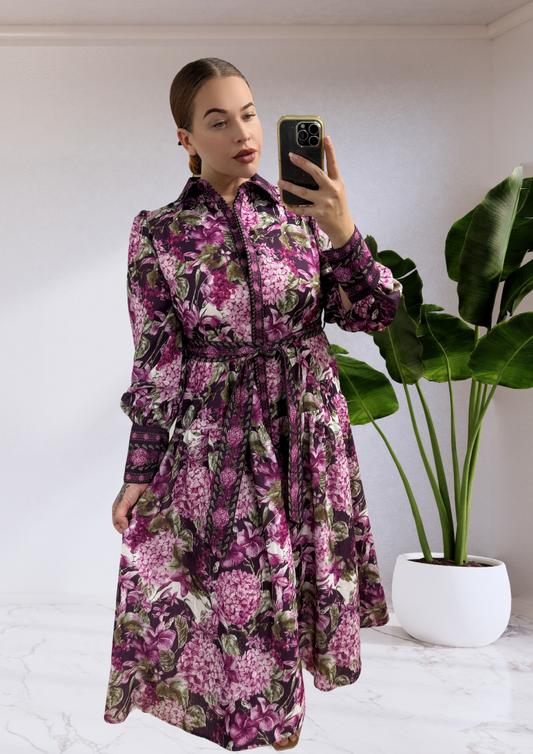Isla Collared Button up Long Sleeve Midi Dress - Purple Floral