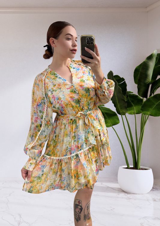 Portia Long Sleeve Mini Dress - Orange Floral