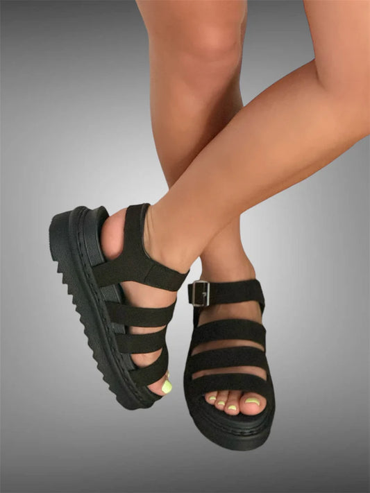 York Platform Leather Gladiator Sandal Shoes - Black