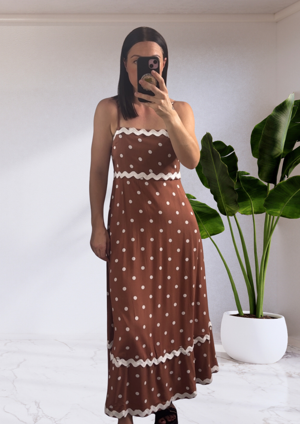 Eden Sleeveless RIC RAC Maxi Dress - Brown Polka Dot