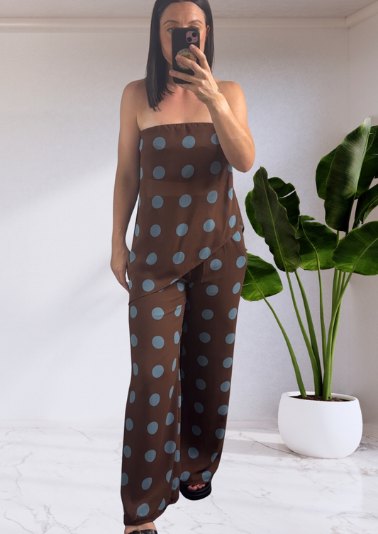 Alice Polka Dot Strapless Assym Pant Set - Chocolate/Blue | By Frankie
