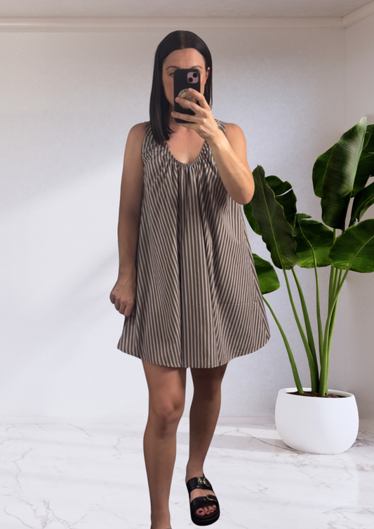 Heather Oversized Mini Dress - Brown/Blue Stripe | By Frankie